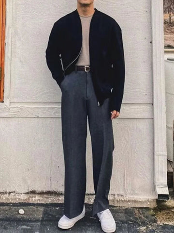 AIDASE  -  Vintage Zip-up Crew Neck Knit Cardigans Mens Fashion Solid Color Knitting Jacket Coats Men Fall Casual Long Sleeve Slim Jackets aidase-shop